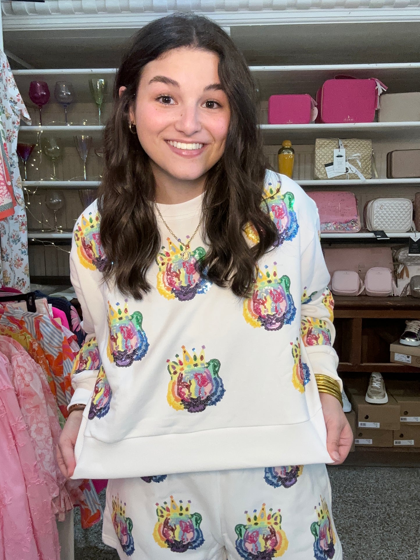 Queen Of Sparkles White With Rainbow Crowned Tigers Sweatshirt