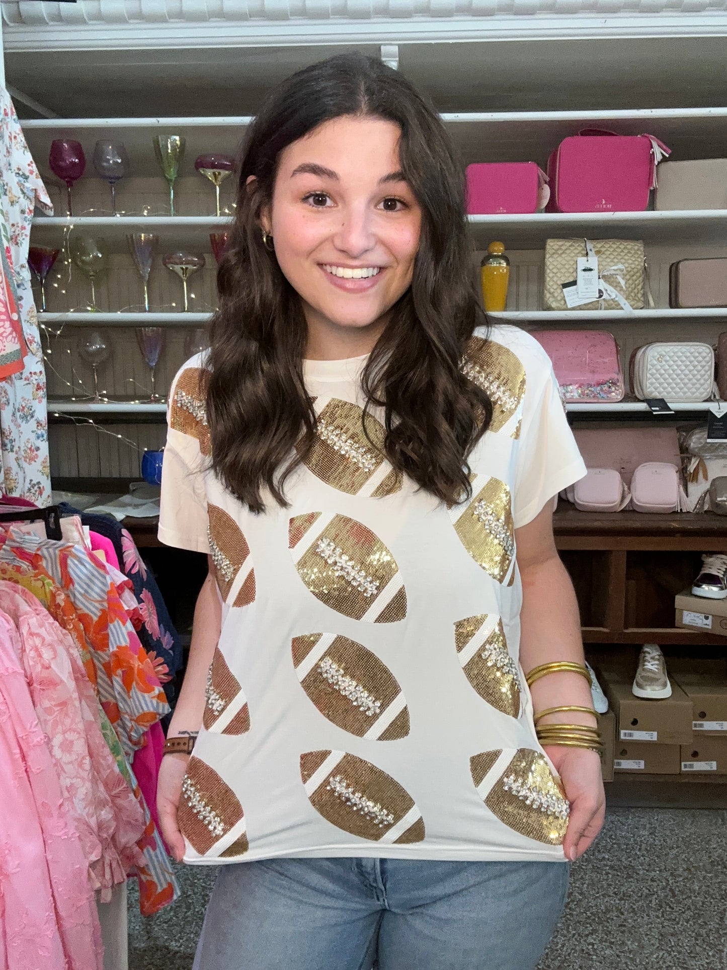 Queen Of Sparkles White and Gold Rhinestone Lace Football Tee