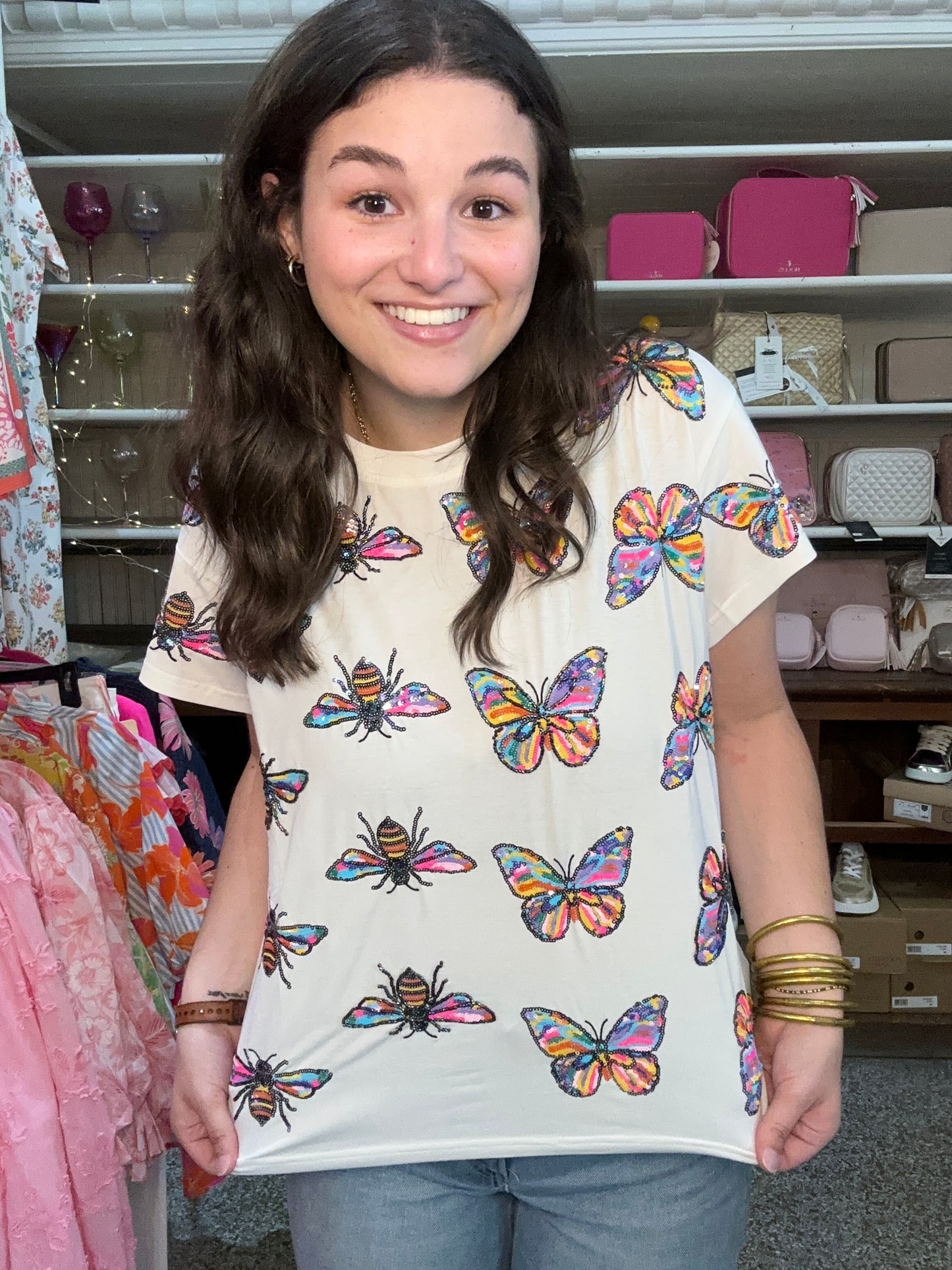 Queen Of Sparkles White Rainbow Butterfly and Bee Tee