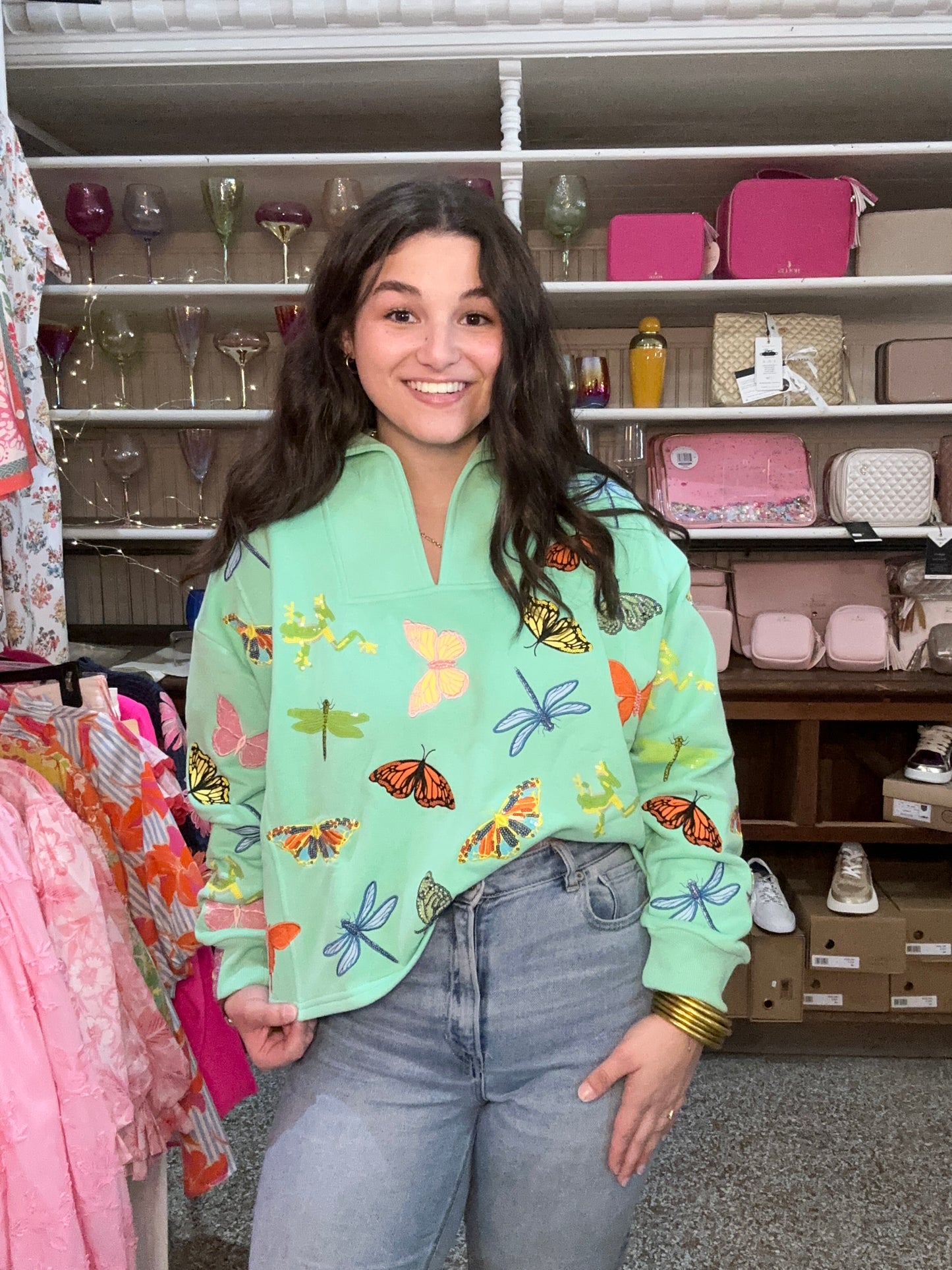 Queen Of Sparkles Mint Green Butterfly and Dragonfly Collar Sweatshirt