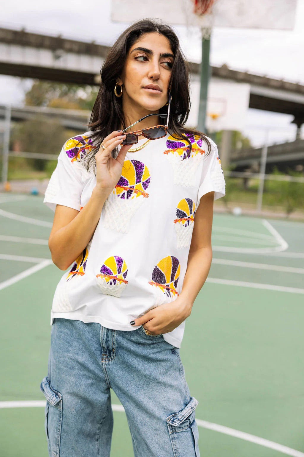 Queen of Sparkles PURPLE & YELLOW BASKETBALL HOOP TEE