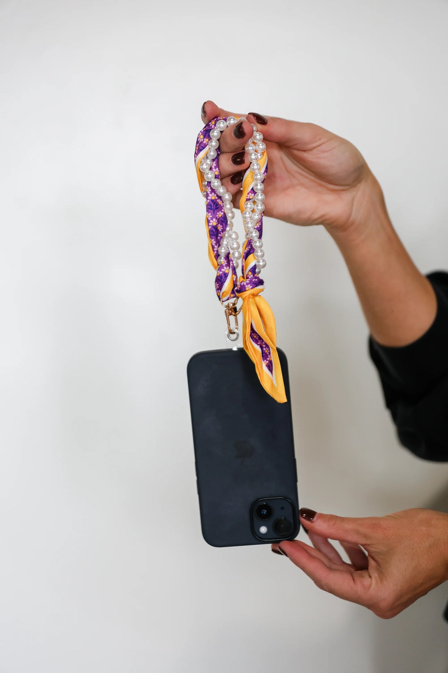 Purple and Gold Woven Scarf Pearl Wristlet & Phone Strap