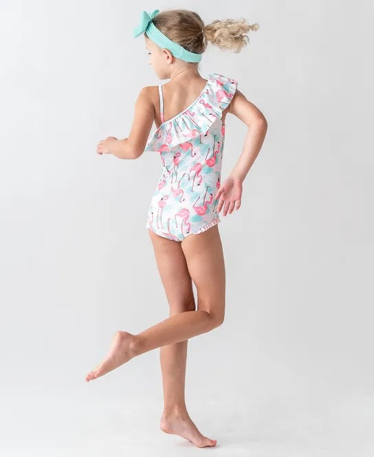 Ruffle Butts Vibrant Flamingo One Shoulder Ruffle One Piece