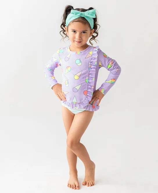 Ruffle Butts Snow Cones Ruffled Long Sleeve Rash Guard 2 Piece
