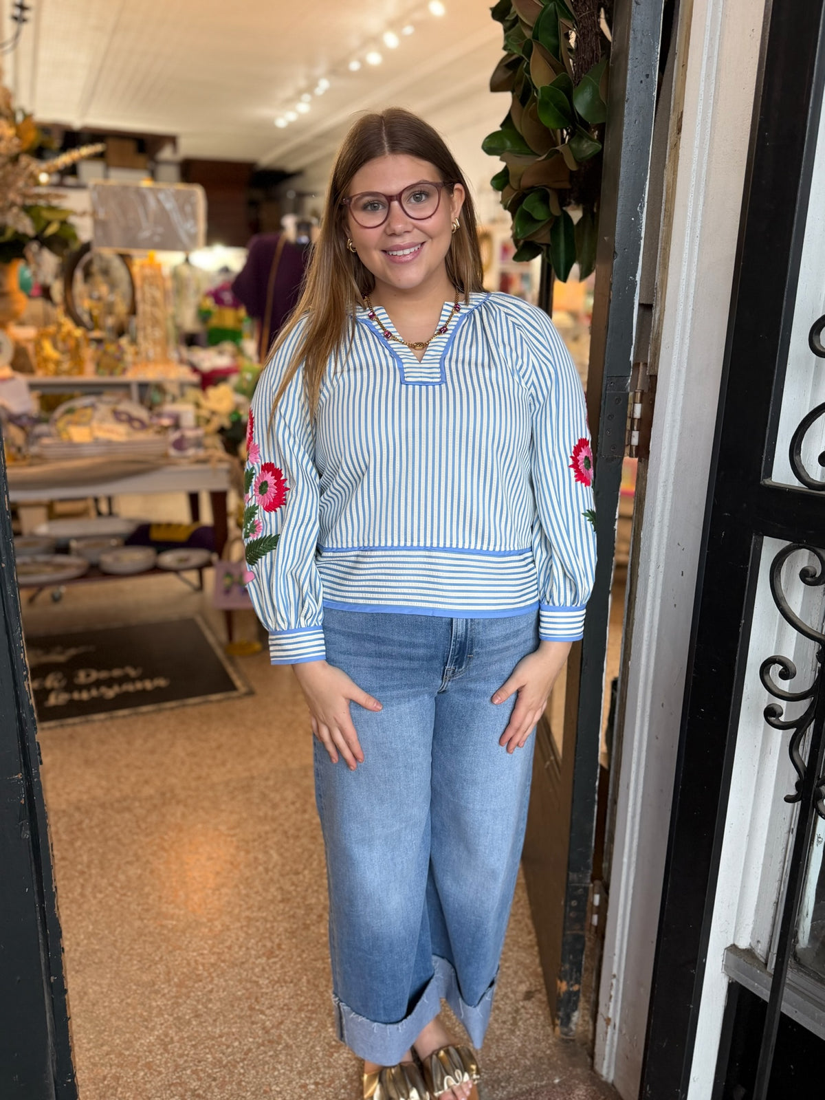 Blue Striped Shirt With Flowers On Sleeves