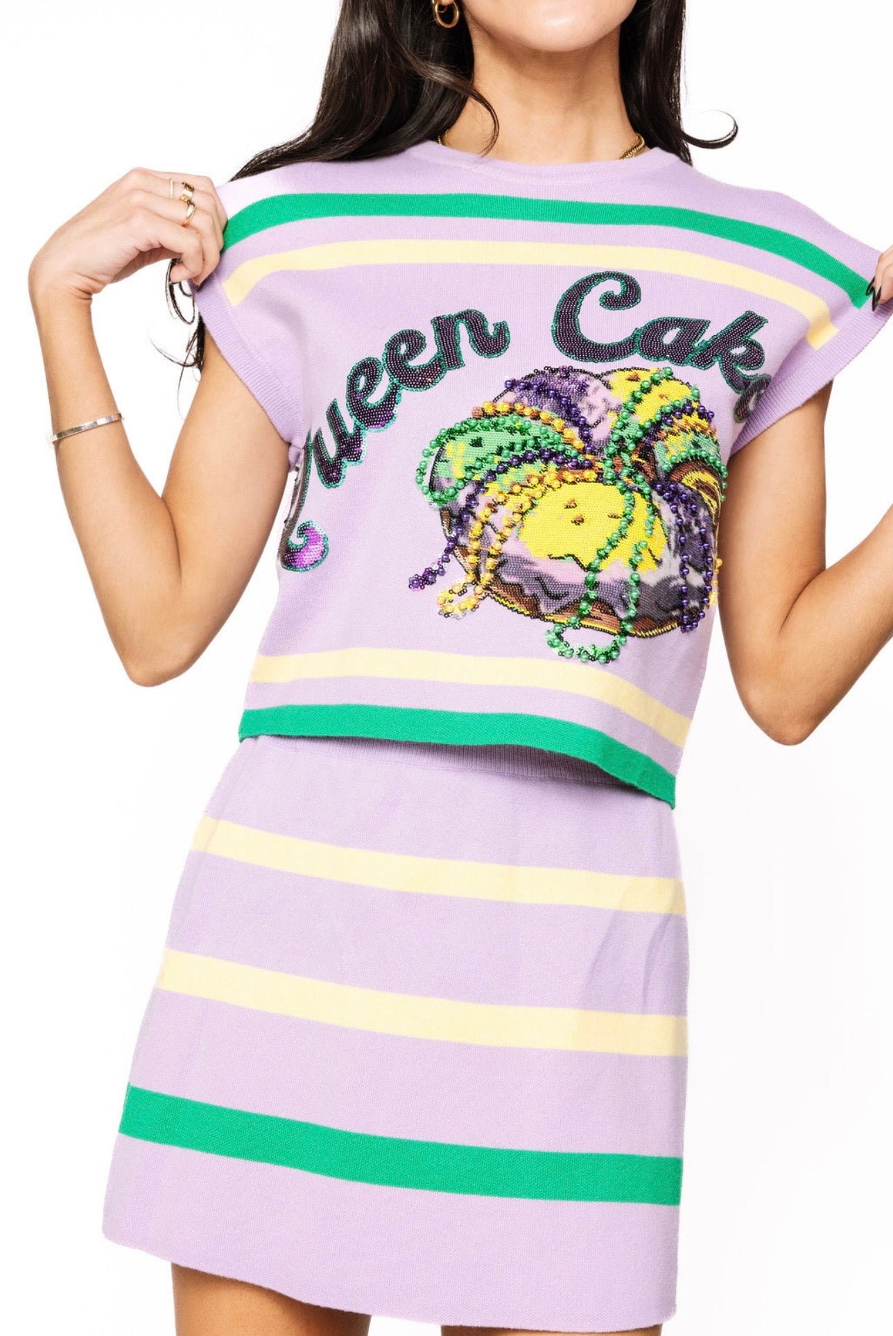 Queen of Sparkles Lavender, Green & Yellow ‘Queen Cake’ Striped Top