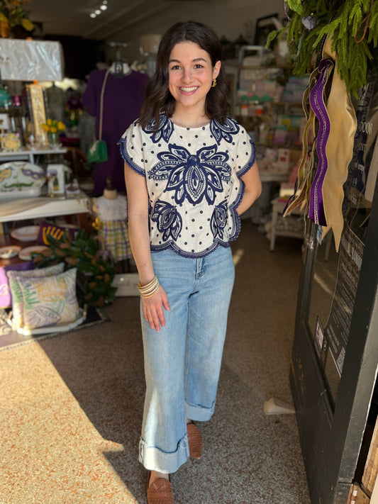 Polka Dot and Floral Navy Top