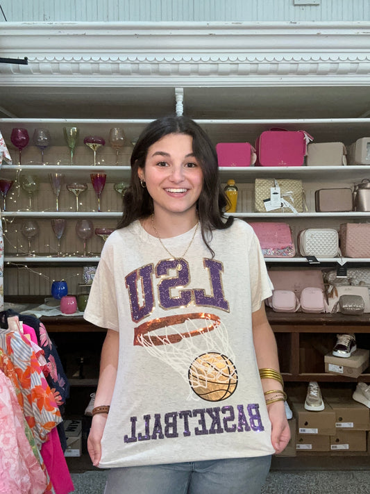 Queen Of Sparkles Grey LSU Basketball Tee