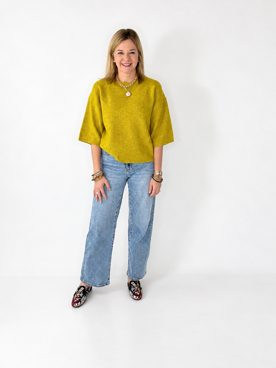 Chartreuse Elbow Length Sleeve Knit Sweater
