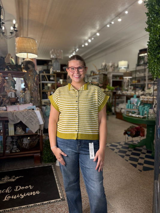 Chartreuse Strip Kit Button Up Sweater