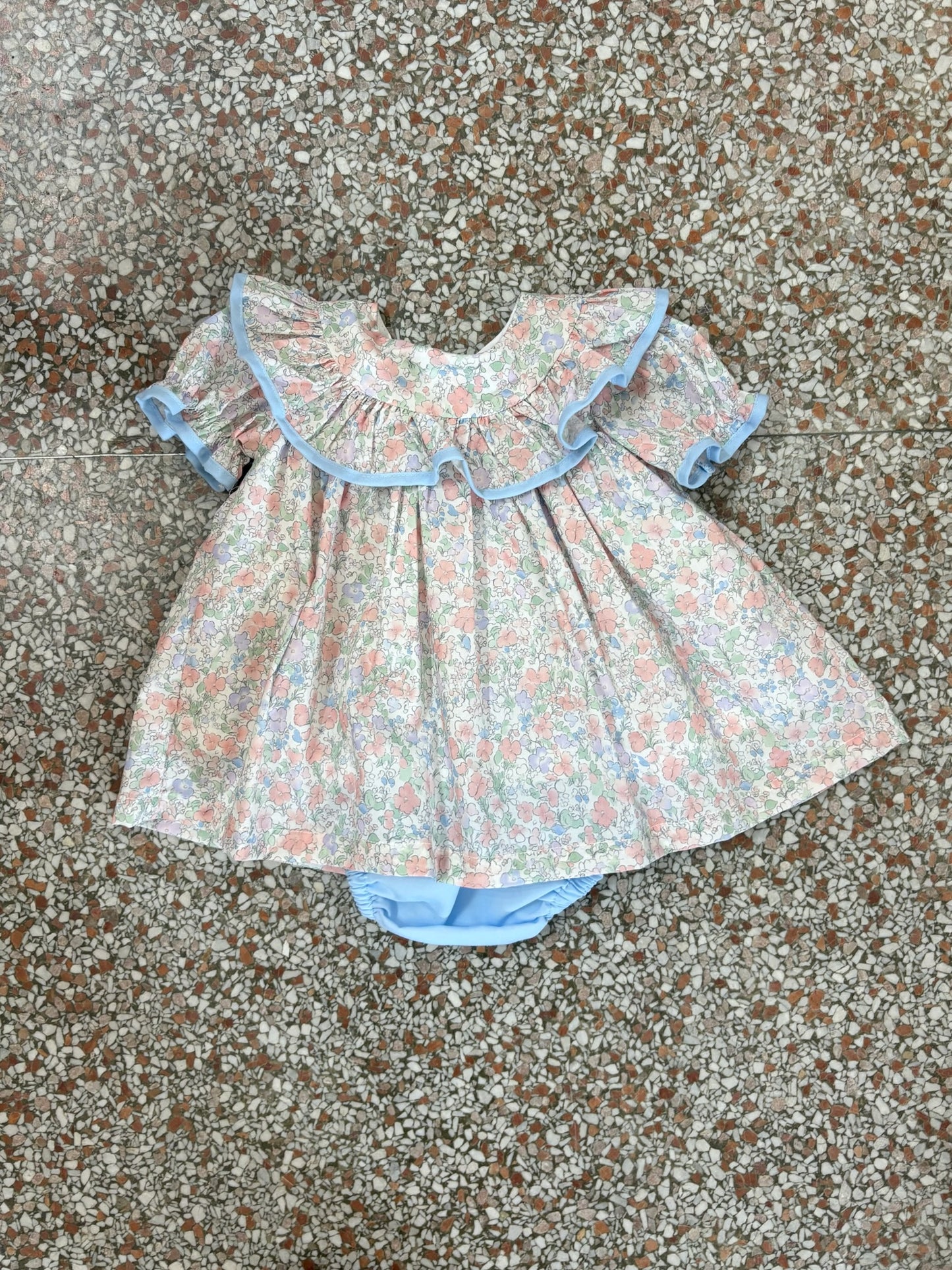 Pastel Floral Dress With Blue Trim and Blue Bloomers