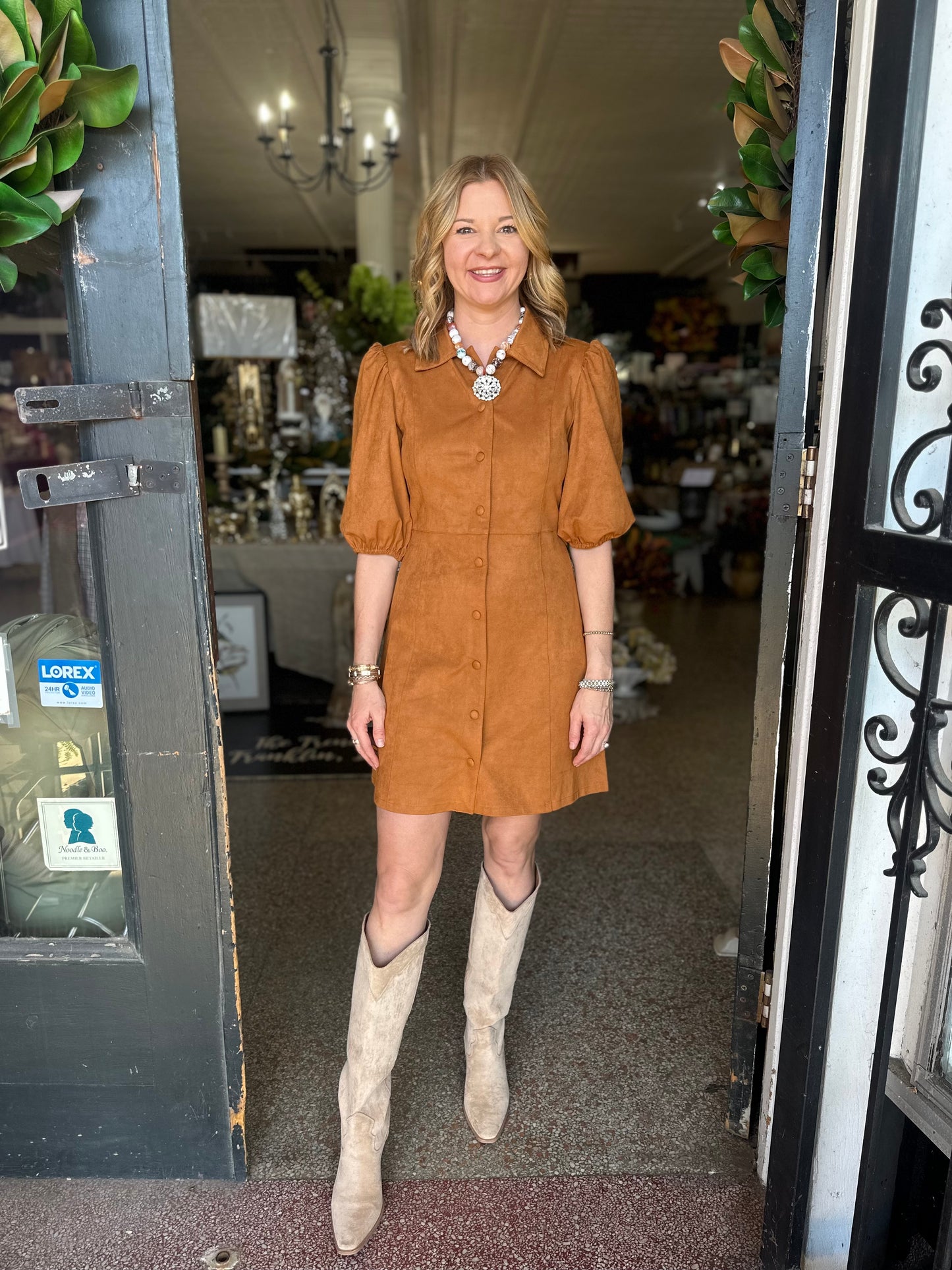 Faux Suede Puff Sleeve Dress