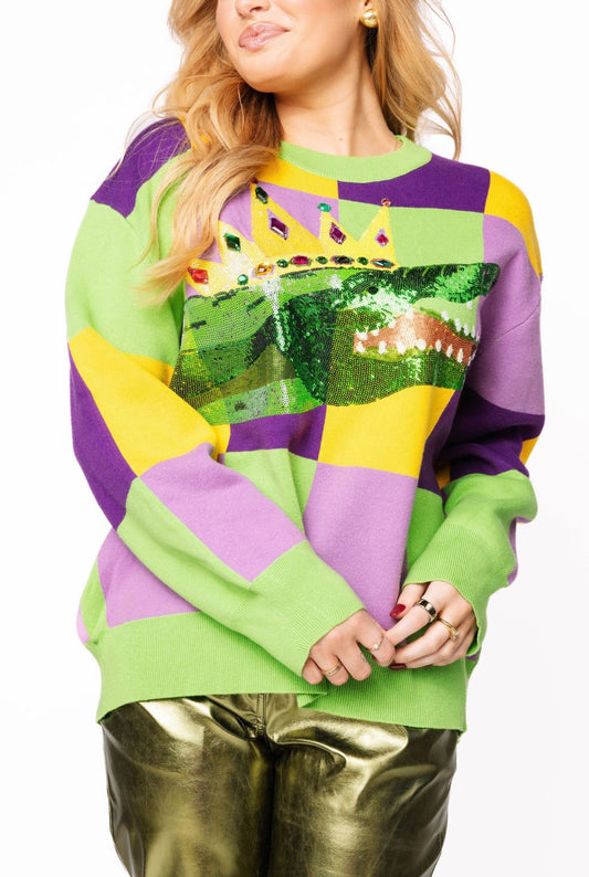 Queen of Sparkles Mardi Gras Checkered Alligator Queen Sweater