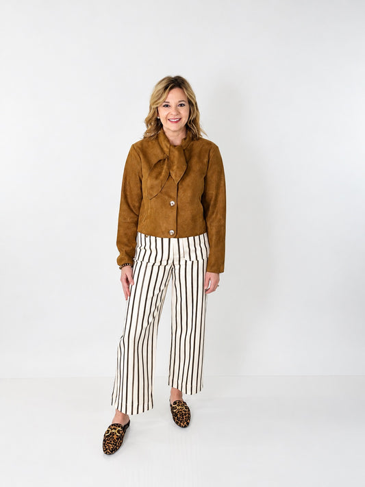 Button Down Brown Suede Jacket with Neck Tie