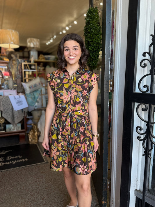 Brown Floral Tie Waist Dress