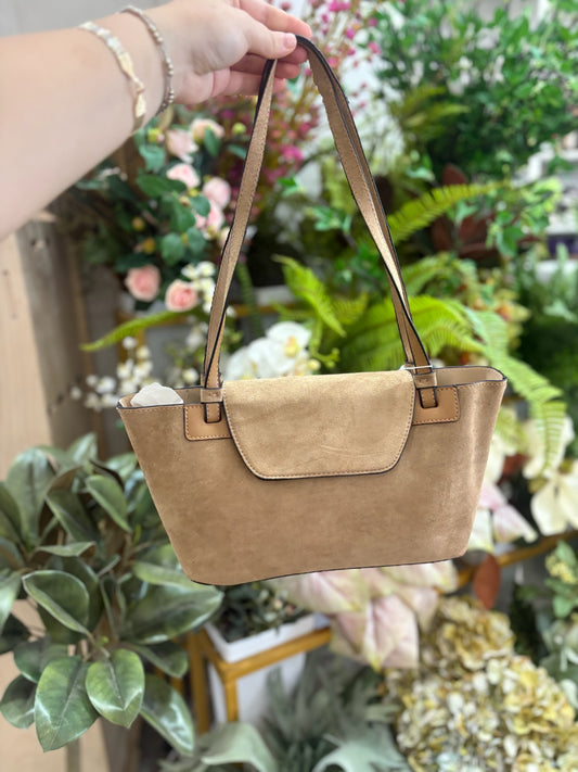 Reese Faux Suede Shoulder Bag in Taupe