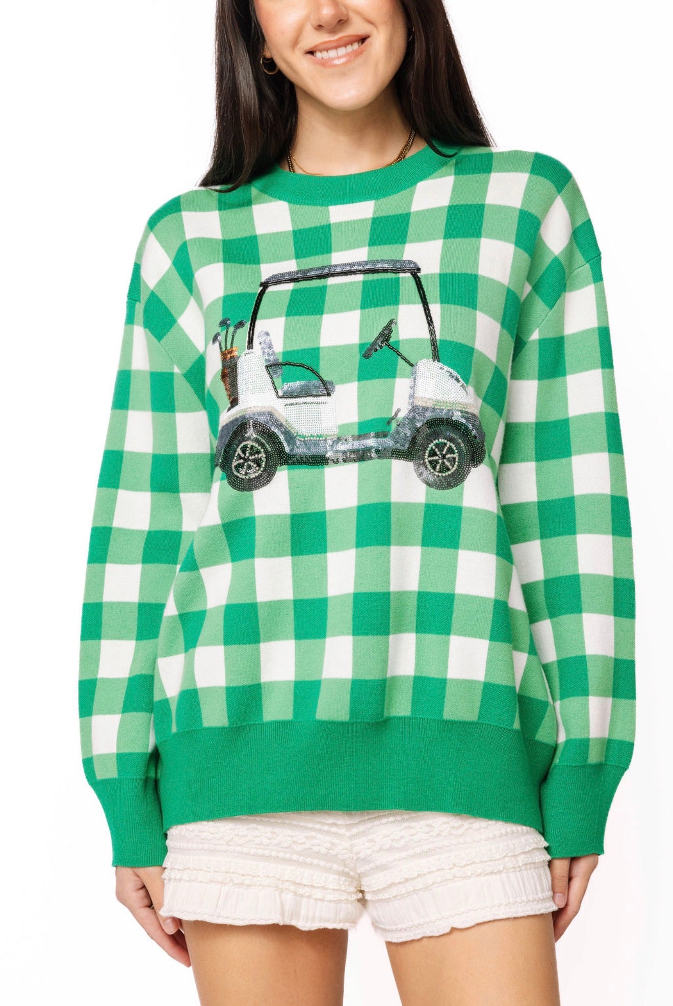 Queen of Sparkles Green & White Checkered Golf Cart Sweater