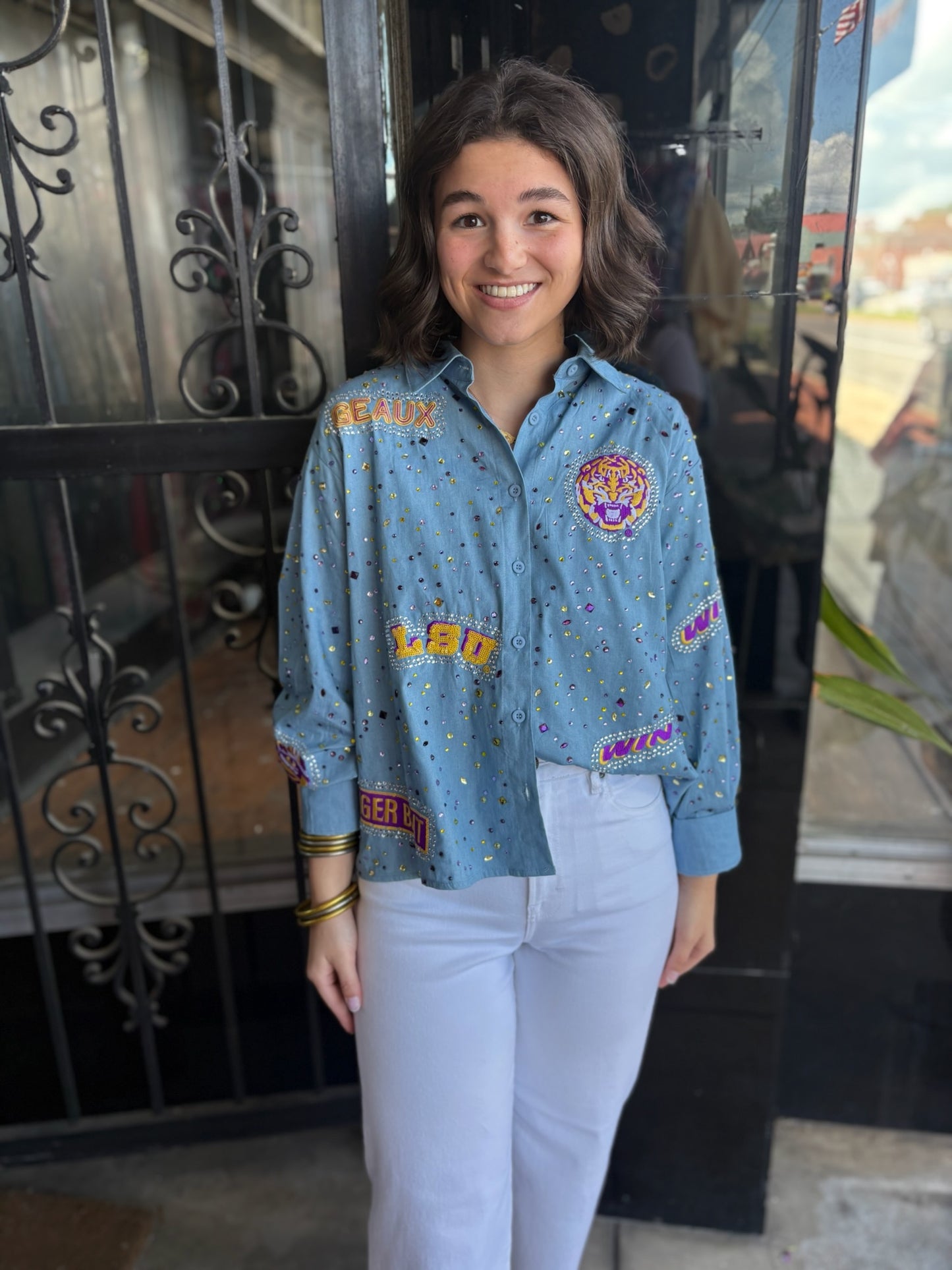 Queen of Sparkles Licensed LSU Denim Multi Rhinestone Scattered Logo Button Up Long Sleeve Top