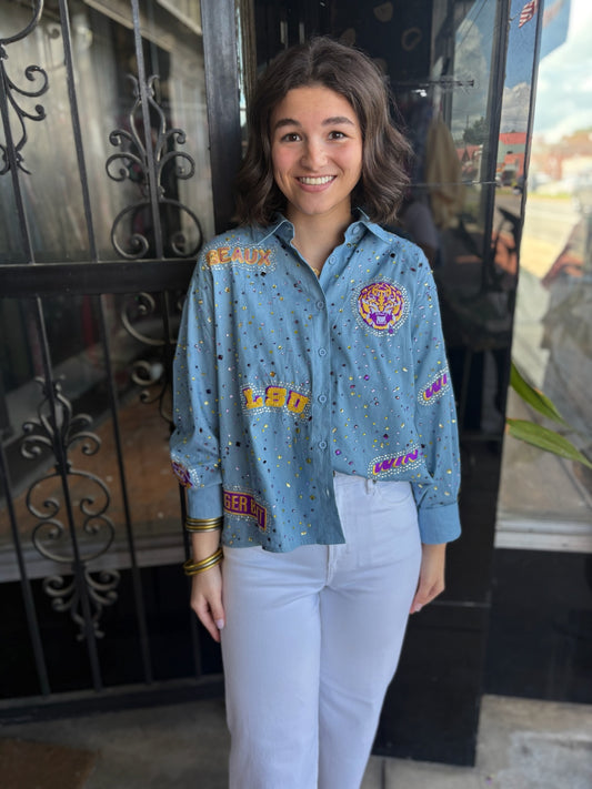 Queen of Sparkles Licensed LSU Denim Multi Rhinestone Scattered Logo Button Up Long Sleeve Top