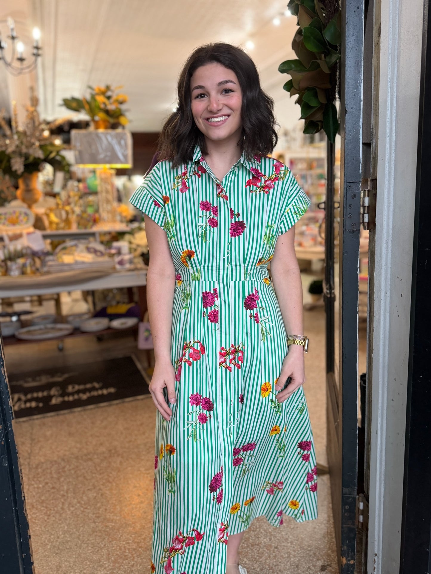 Kelly Green Striped Floral Midi