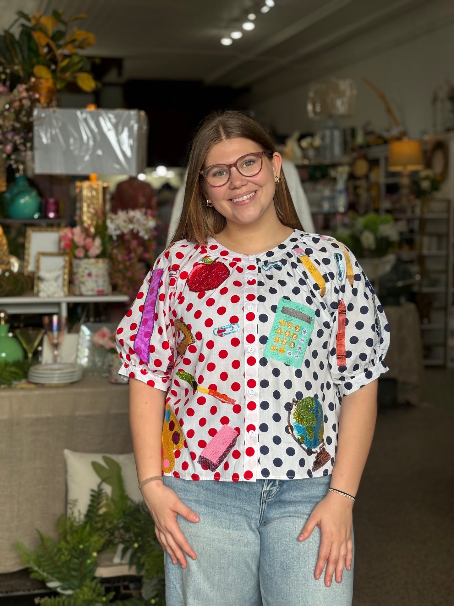 Queen of Sparkles Colorblock Polka Dot Teacher Icon Button Up Top