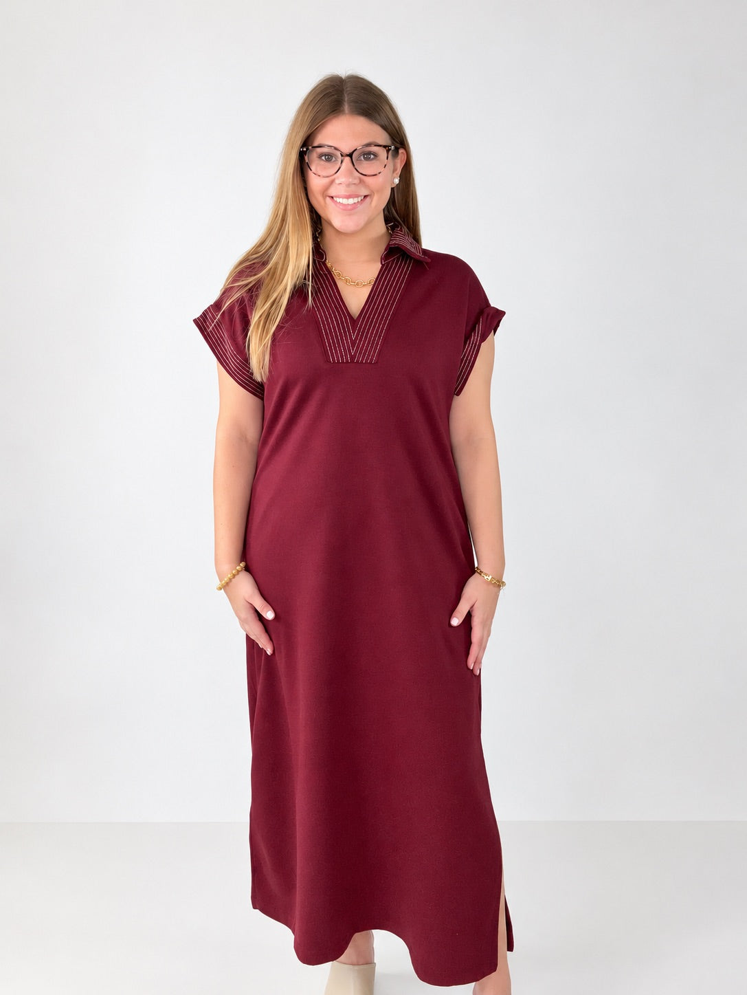 Wine Midi Dress with Embroidered Trim