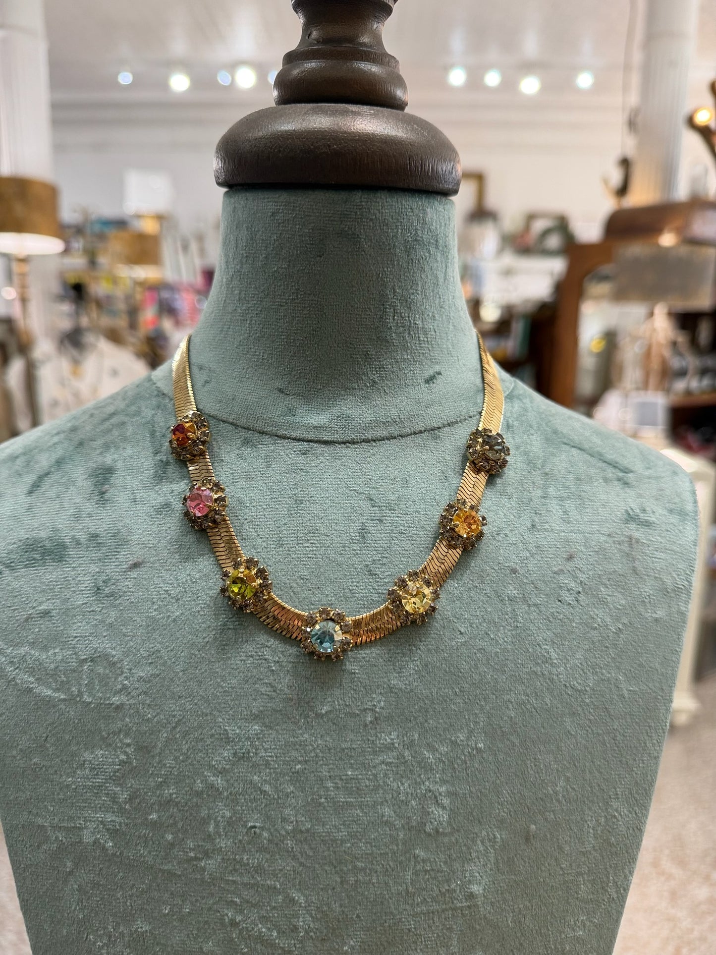 Gold Colorful Stone Herringbone Necklace