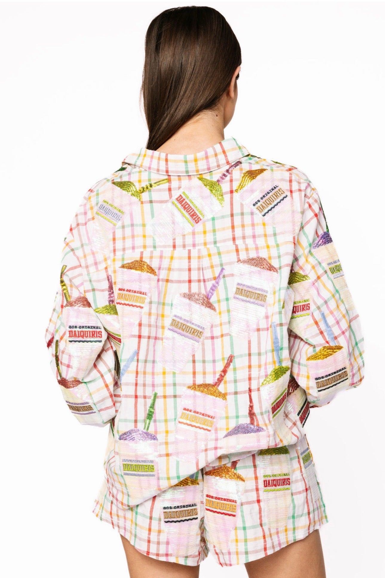 Queen of Sparkles Rainbow Plaid Daiquiri Cotton Button Up Long Sleeve Top