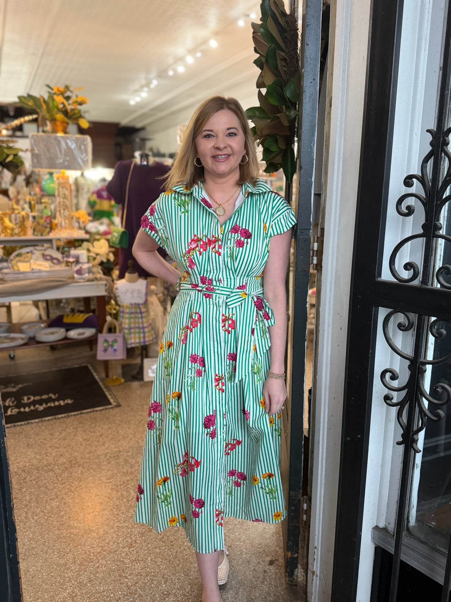 Kelly Green Striped Floral Midi