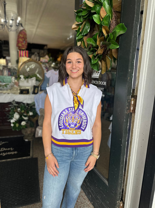 Queen of Sparkles Licensed LSU Striped Collar Circular Mascot Tank