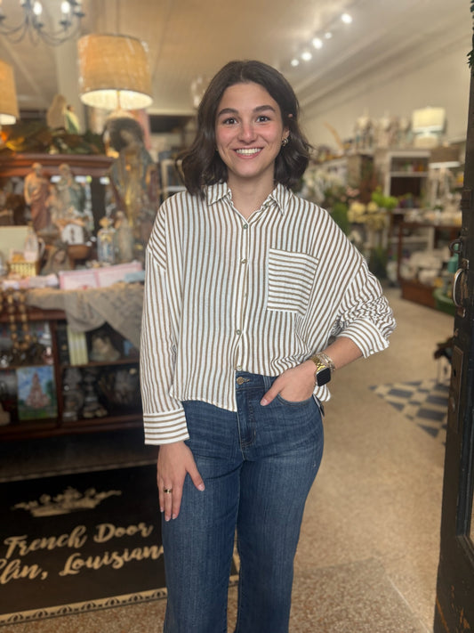 Brown Stripe Linen Button Up