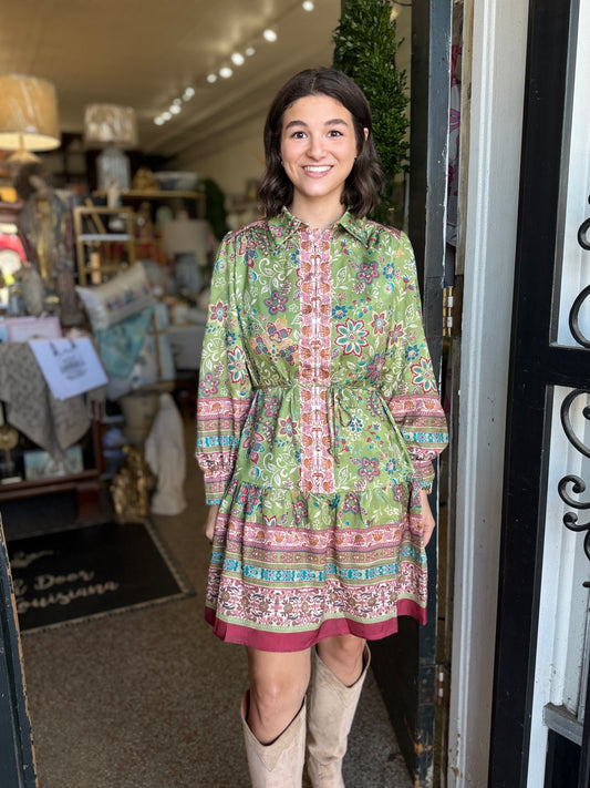 Border Print Olive Mini Dress