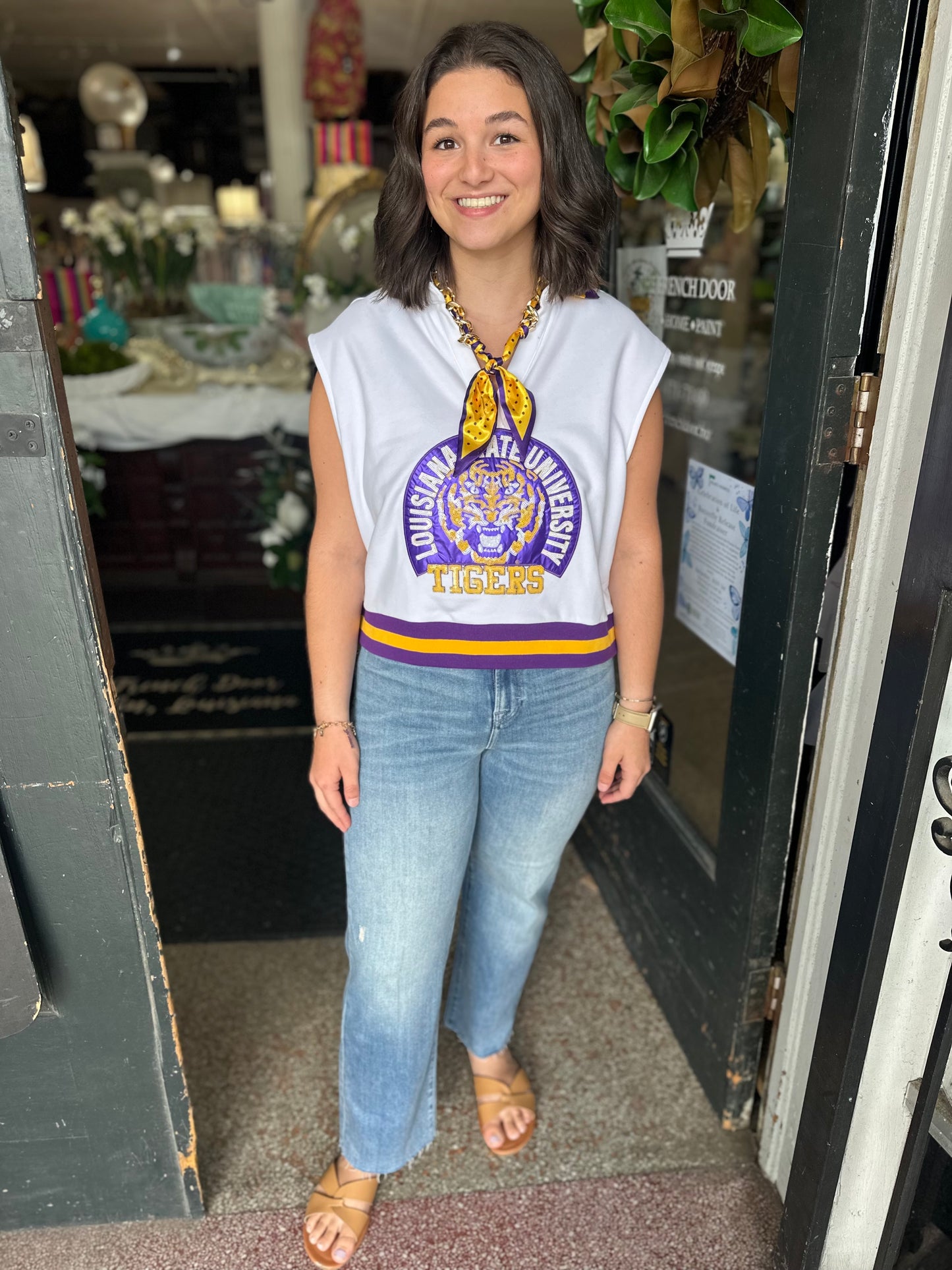 Queen of Sparkles Licensed LSU Striped Collar Circular Mascot Tank