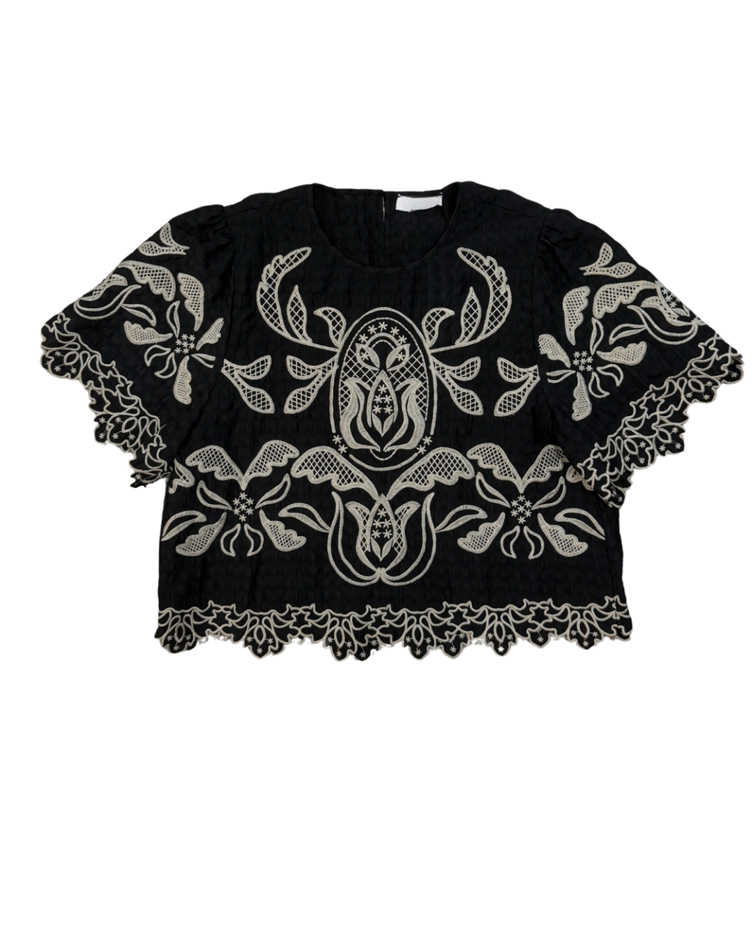 Black Short Sleeve Top with White Embroidery and Scalloped hem