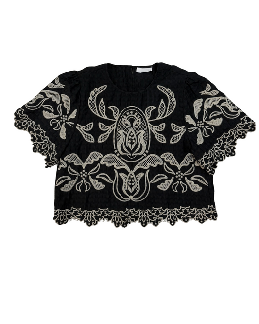 Black Short Sleeve Top with White Embroidery and Scalloped hem