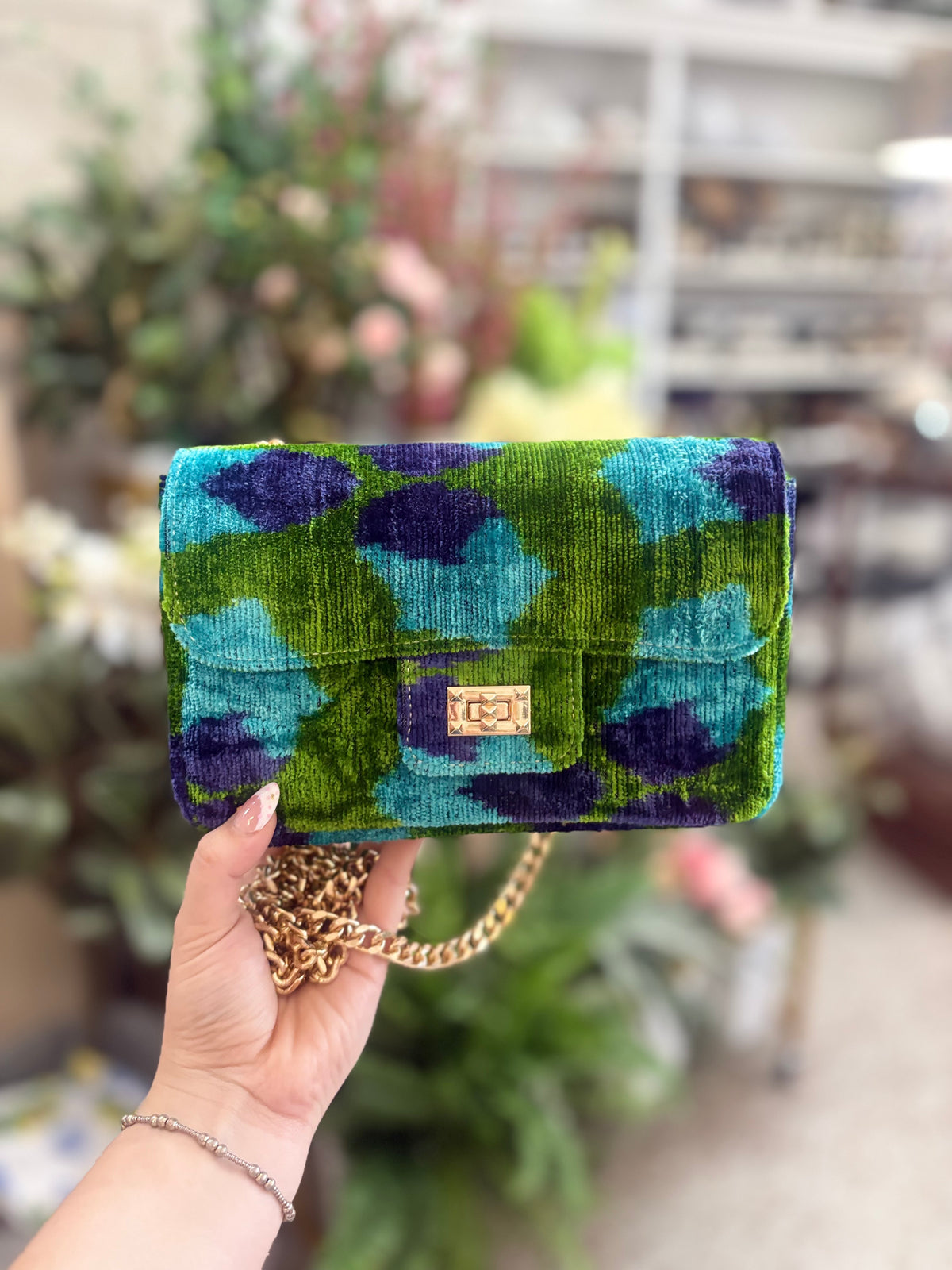 Glenda Gies Green and Blue Velvet Crossbody