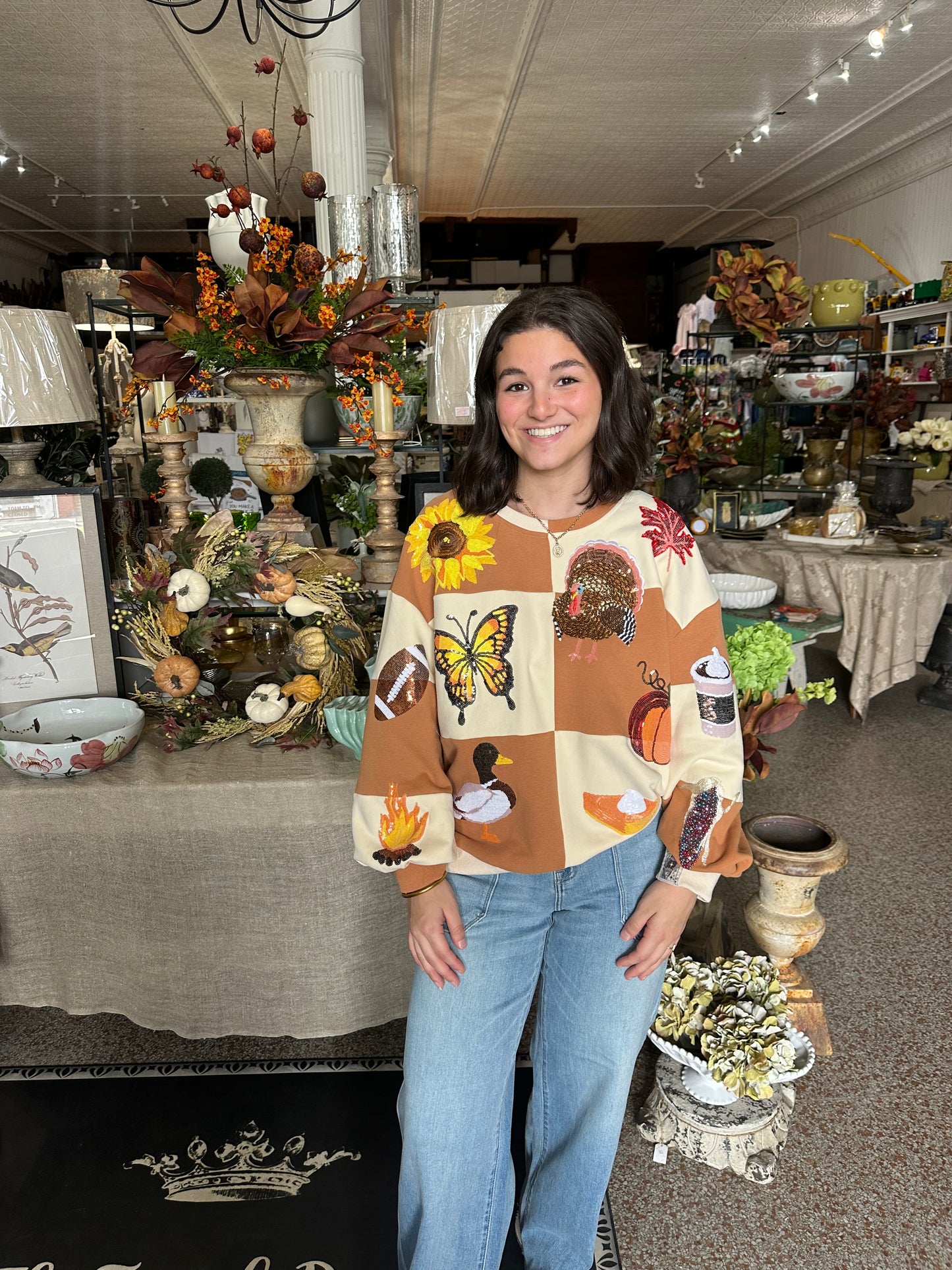 Queen of Sparkles Brown & Ivory Checkered Fall Icon Sweatshirt