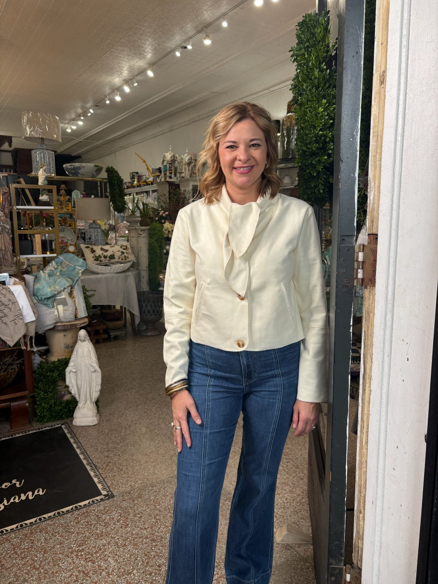 Button Down Cream Suede Jacket with Neck Tie