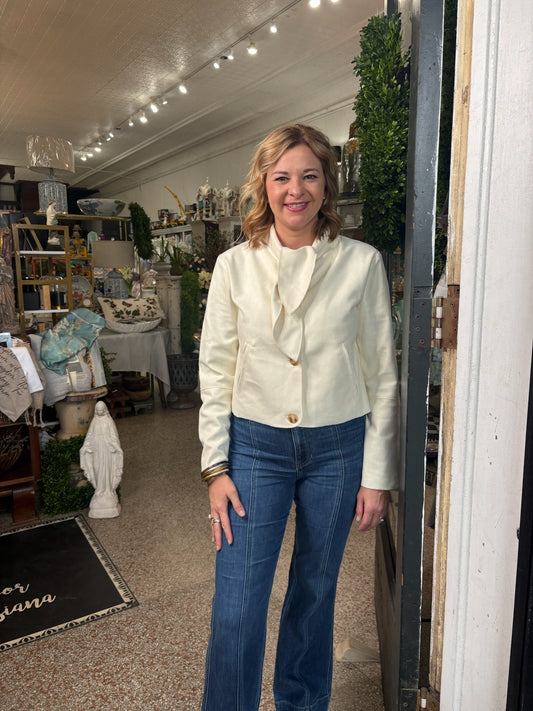 Button Down Cream Suede Jacket with Neck Tie
