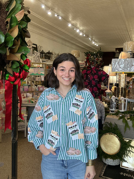 Queen of Sparkles Green & White Stripe Cafe Du Monde Icon Button Up Top