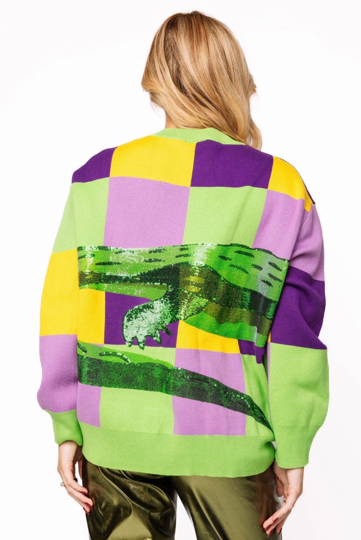 Queen of Sparkles Mardi Gras Checkered Alligator Queen Sweater