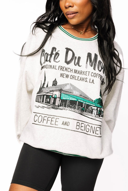 Queen of Sparkles Grey Sport Stripe Cafe Du Monde Sweatshirt