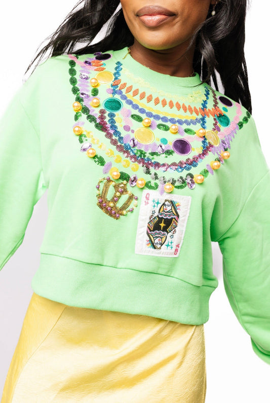 Queen of Sparkles Bright Green Mardi Gras Beads Sweatshirt