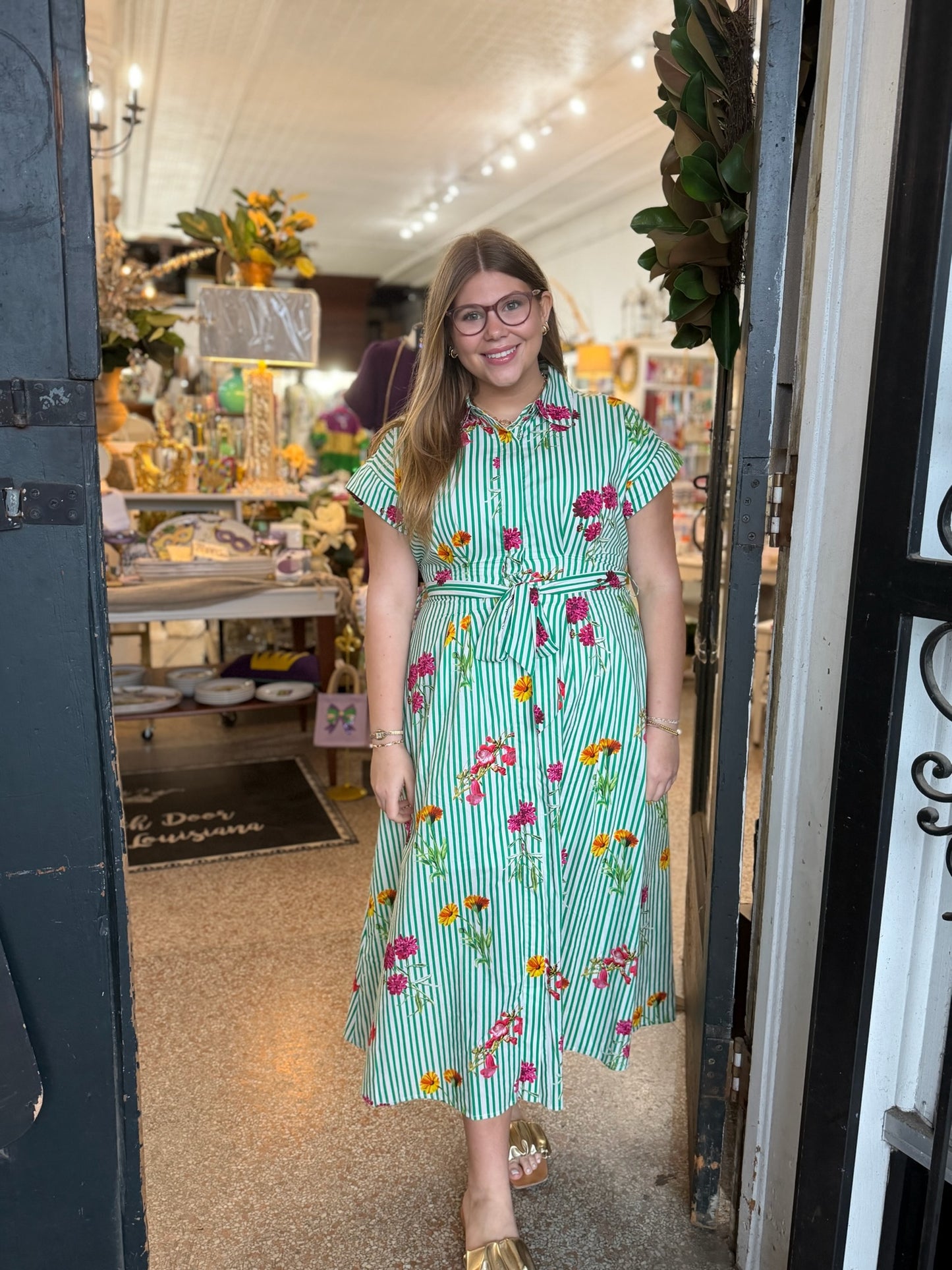 Kelly Green Striped Floral Midi