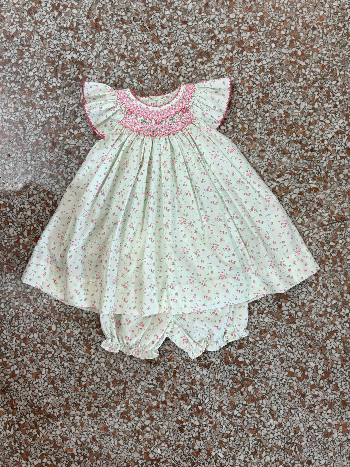 Green and Pink Dress with Marching Diaper Cover and Pink Smocked Neckline