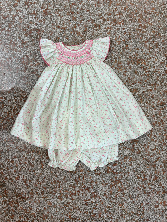 Green and Pink Dress with Marching Diaper Cover and Pink Smocked Neckline