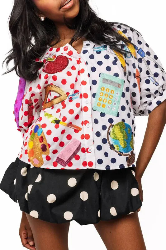 Queen of Sparkles Colorblock Polka Dot Teacher Icon Button Up Top