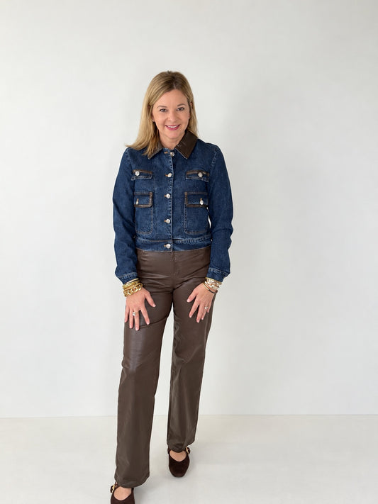 Faux Leather Trim Denim Jacket