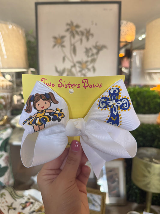 Hand Painted Blue and Gold Cheerleader Bow
