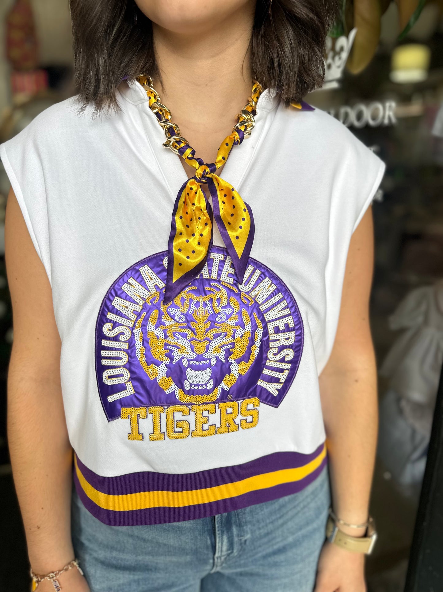 Queen of Sparkles Licensed LSU Striped Collar Circular Mascot Tank